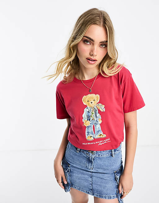 Polo Ralph Lauren retro bear print t-shirt in washed red | ASOS