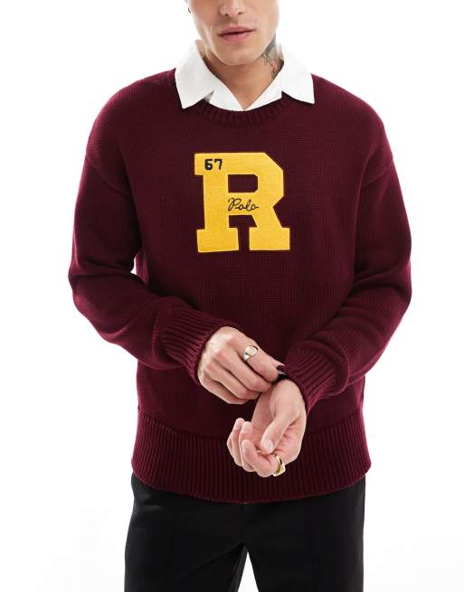 Polo Ralph Lauren retro sports collegiate cotton knit jumper in burgundy