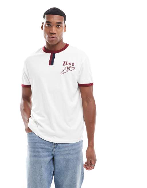 Polo Ralph Lauren retro sports logo slub ringer t shirt classic oversized fit in white burgundy