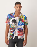 [Polo Ralph Lauren] Polo Ralph Lauren revere collar race poster print short sleeve rayon shirt in multi XL multi