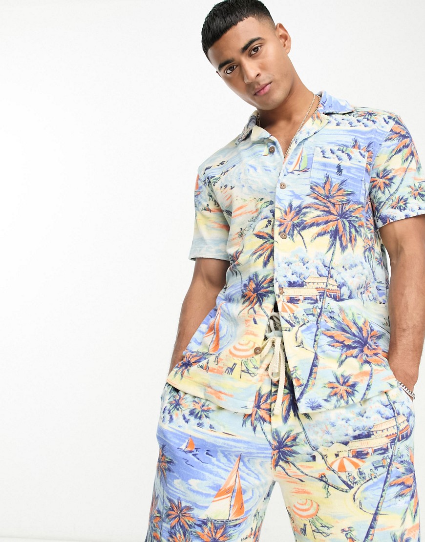 Polo Ralph Lauren revere collar short sleeve hawaiian print terry shirt in blue CO-ORD
