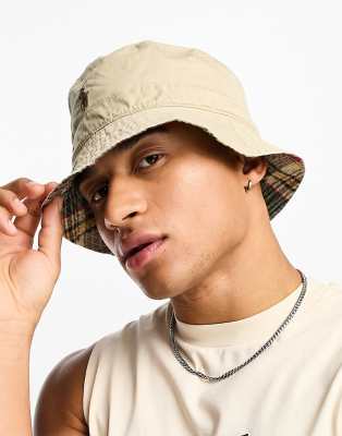 Polo Ralph Lauren reversible bucket hat in tan/ check with pony logo