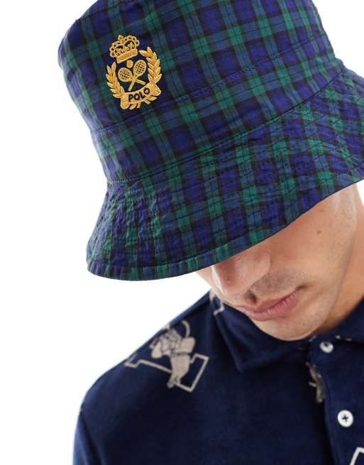 Polo Ralph Lauren reversible check and plain twill bucket hat in dark green navy