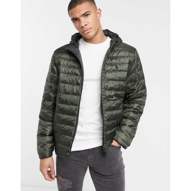 Polo Ralph Lauren reversible player logo hooded puffer jacket in navy green/black  | ASOS