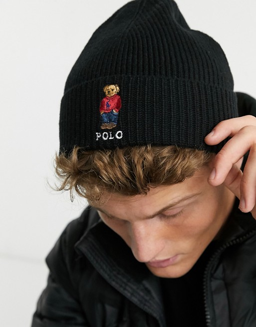 Polo Ralph Lauren ribbed beanie in black with bear