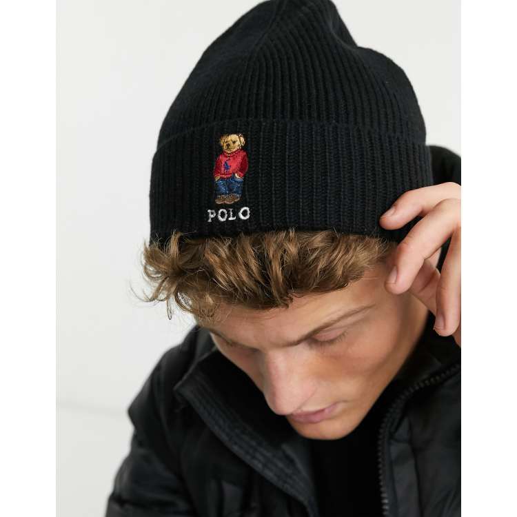 Polo Ralph Lauren ribbed beanie in black with bear | ASOS