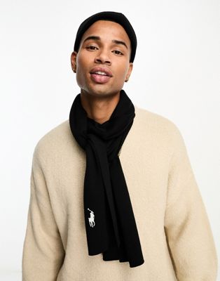 Polo Ralph Lauren ribbed pima cotton scarf in black with logo