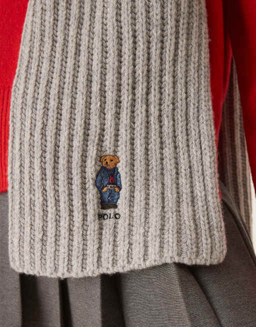 Polo Ralph Lauren rich wool bear logo scarf in grey, 2 of 3