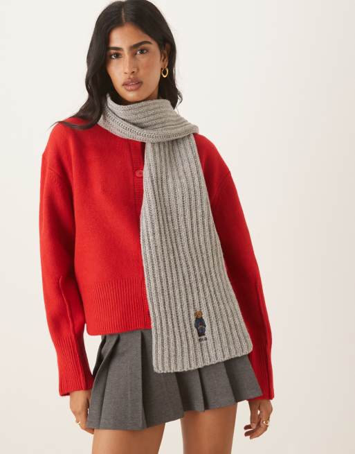 Polo Ralph Lauren rich wool bear logo scarf in grey, 3 of 3