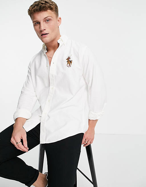 Polo Ralph Lauren riding bear logo oxford shirt custom regular fit button down in white
