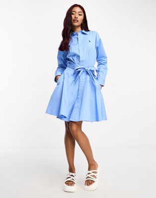 Polo Ralph Lauren icon logo belted poplin shirt dress in light blue - ASOS Price Checker