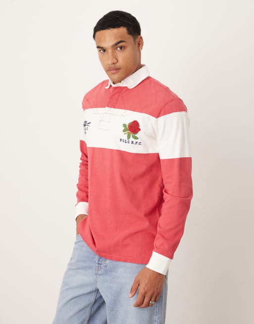 Polo Ralph Lauren – Röd, vitrandig, klassisk rugbytröja i oversized fit med spelartryck på bröstet och nummertryck på ryggen
