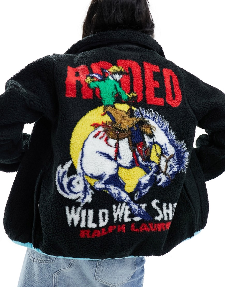 Polo Ralph Lauren rodeo back print sherpa borg jacket in black