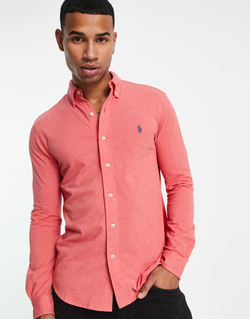Polo Ralph Lauren – Rosa melerad pikéskjorta med knäppning och ikonisk logga