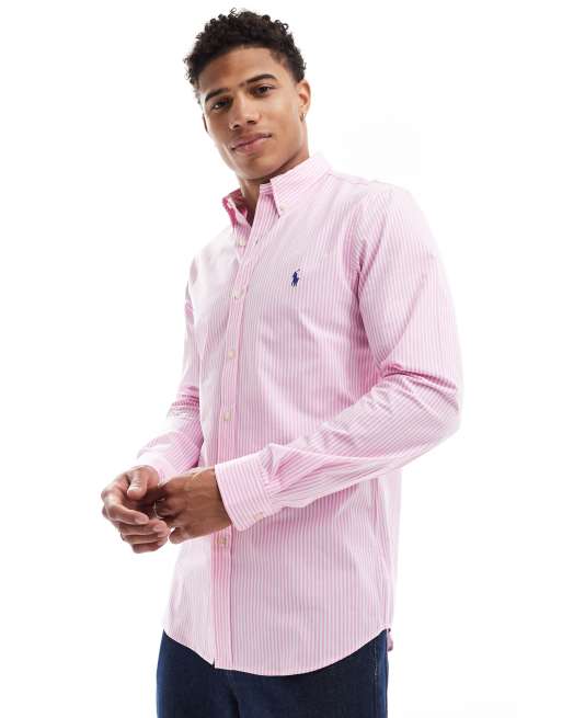 Polo Ralph Lauren – Rosa, randig poplinskjorta med smal passform och ikonisk logga
