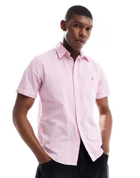 Polo Ralph Lauren short sleeve icon logo seersucker stripe short custom fit in rose/white