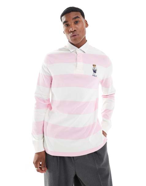 Polo Ralph Lauren – Różowo-biała koszulka polo w stylu rugby w paski z logo z misiem - view 1