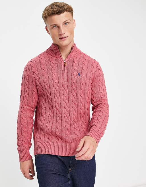 Polo Ralph Lauren – Różowy bawełniany sweter z dzianiny o warkoczowym splocie z logo