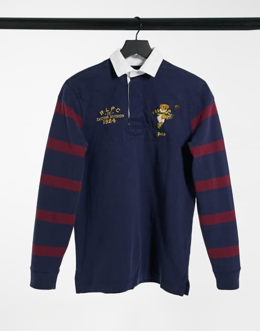 Polo Ralph Lauren rugby polo shirt with striped sleeves in navy ASOS