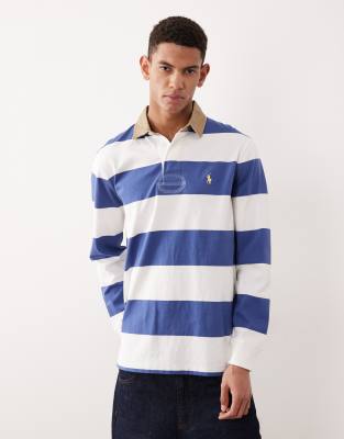 Polo Ralph Lauren - Rugby-Polohemd in Braun mit klassischem Oversize-Schnitt, Markenlogo und Blockstreifen-Blau