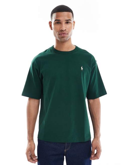 Polo Ralph Lauren - Ruimvallend T-shirt van zware stof met geschreven icoonlogo op de rug in donkergroen