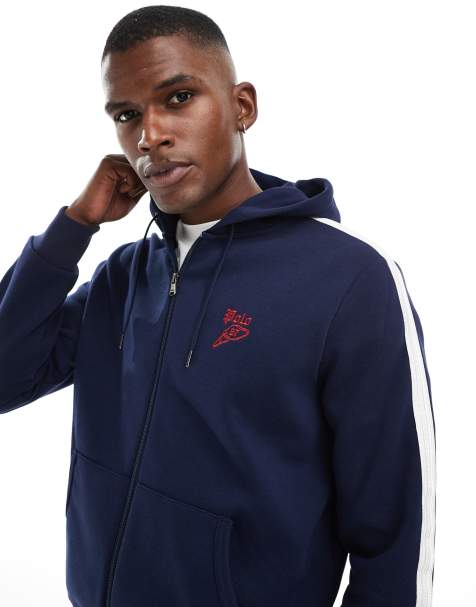 Polo Ralph Lauren run club stripe taped sleeve full zip pique hoodie in navy CO-ORD - view 1