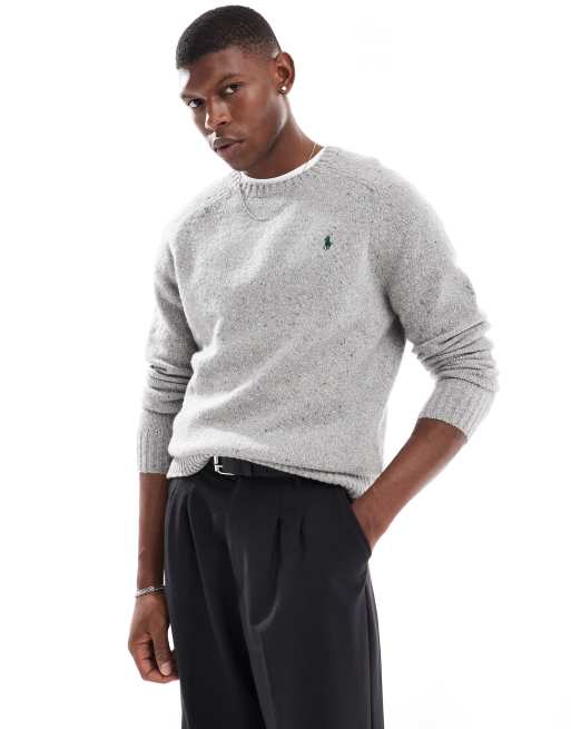 Polo Ralph Lauren Saddle icon logo donegal wool fleck knit sweater in gray