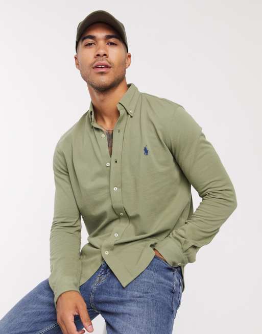 Polo Ralph Lauren – Salbeigrünes Slim Fit Hemd aus Pikee mit Button-down-Kragen und Polospieler-Logo
