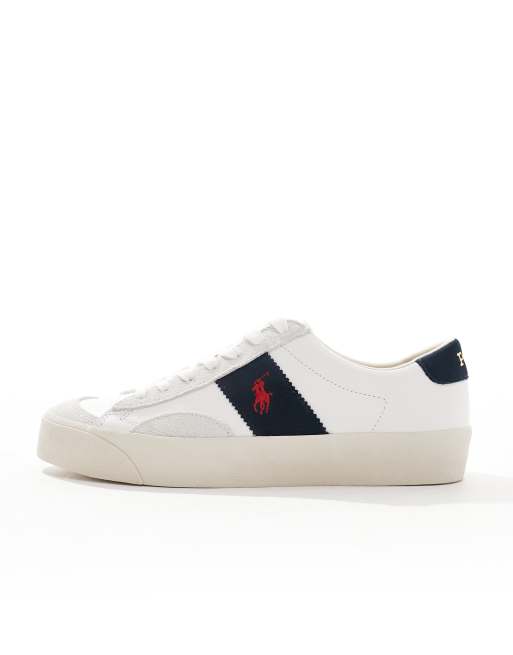 Polo Ralph Lauren Sayer sport in leather suede mix with navy stripe in white ASOS