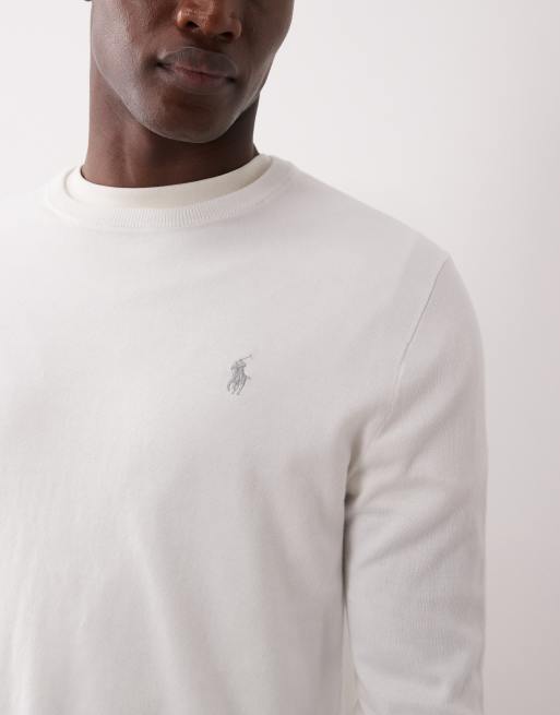 Polo Ralph Lauren – Schmal geschnittener Feinstrick-Pullover aus Baumwolle in Weiß mit gesticktem Pony, 5 von 5