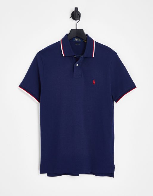 Polo Ralph Lauren – Schmal geschnittenes Pikee-Polohemd in Marineblau mit Markenlogo und Kontraststreifen