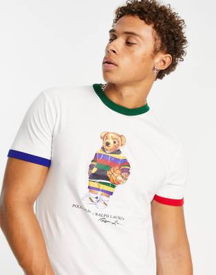 Polo Ralph Lauren slim fit t-shirt street basketball bear print in white - ASOS Price Checker