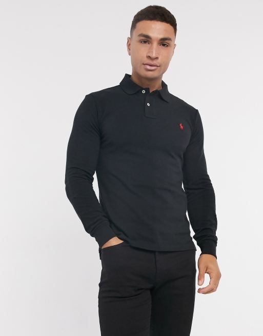 Polo Ralph Lauren – Schmales langärmliges Polohemd in Schwarz mit Polospieler-Logo
