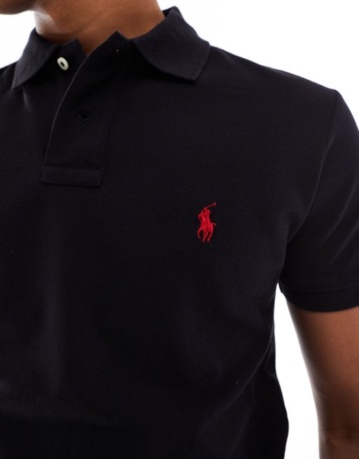 Polo Ralph Lauren Schmales Pikee Polohemd in verwaschenem Schwarz mit rotem Polospielerlogo