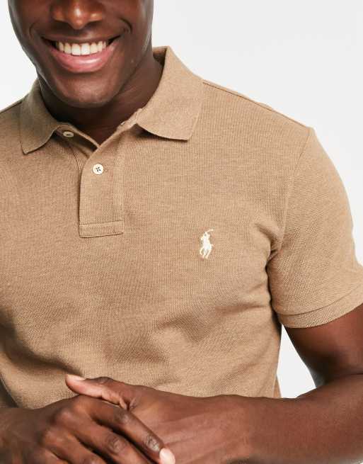 Polo Ralph Lauren Schmales Polohemd aus Pikee in Braun meliert mit Markenlogo ASOS