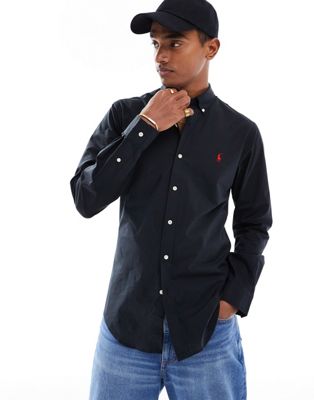 Polo Ralph Lauren player logo slim fit poplin shirt button-down in black - ASOS Price Checker