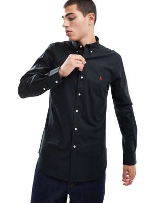 Polo Ralph Lauren player logo slim fit poplin shirt button-down in black - ASOS Price Checker