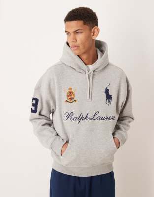 Polo Ralph Lauren - Schwerer Kapuzenpullover aus Fleece in Grau meliert mit großem Polospieler-Logo und Markenschriftzug
