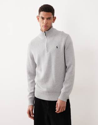 Polo Ralph Lauren - Schwerer Strickpullover aus Baumwolle in Grau mit kurzem Reißverschluss und Markenlogo