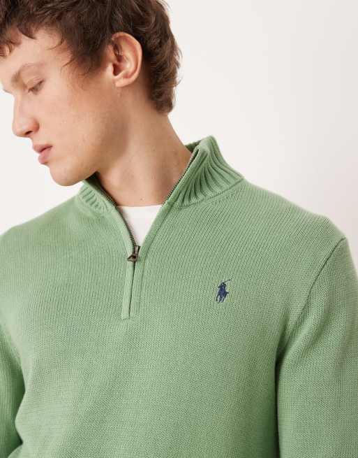 Polo Ralph Lauren – Schwerer Strickpullover aus Baumwolle in Grün mit kurzem Reißverschluss und Markenlogonb, 5 von 5