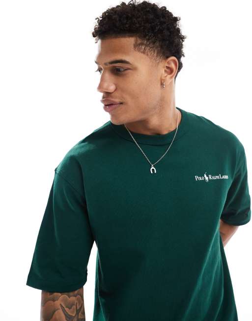Polo Ralph Lauren – Schweres T-Shirt in Dunkelgrün mit Logo-Schriftzug und lockerem Schnitt