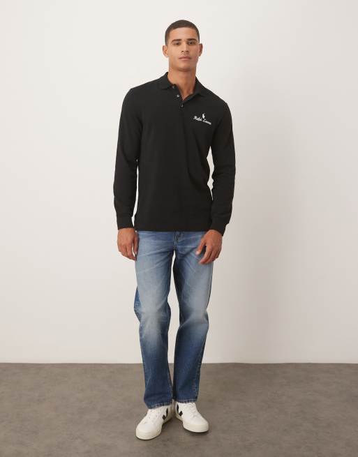 Polo Ralph Lauren script icon logo long sleeve pique polo classic oversized fit in black, 2 of 5