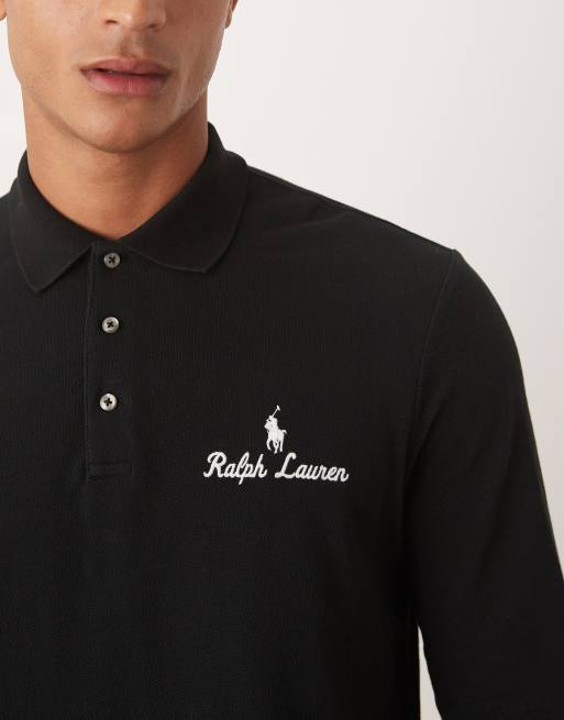 Polo Ralph Lauren script icon logo long sleeve pique polo classic oversized fit in black, 5 of 5