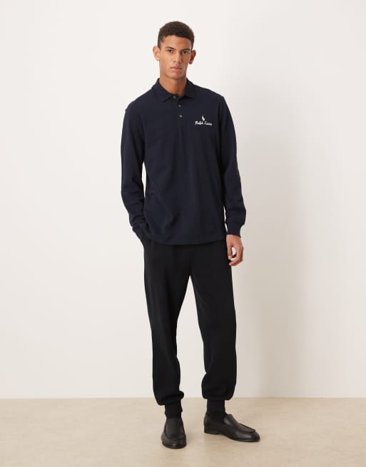 Polo Ralph Lauren script icon logo long sleeve pique polo classic oversized fit in navy, 2 of 5