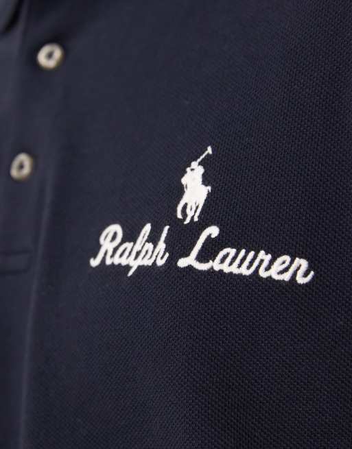 Polo Ralph Lauren script icon logo long sleeve pique polo classic oversized fit in navy, 5 of 5