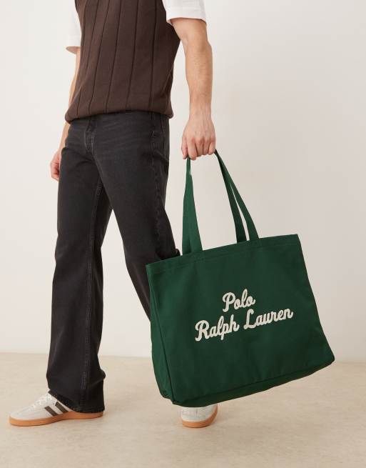 Polo Ralph Lauren script logo large canvas tote bag in dark green, 3 of 4