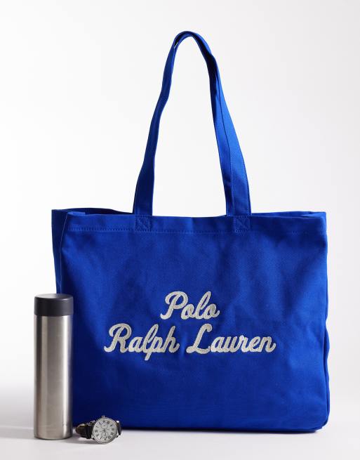 Polo Ralph Lauren script logo large canvas tote bag in electric blue, 2 of 4