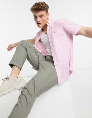 Polo Ralph Lauren Seersucker Player Logo Stripe Short Sleeve Shirt Button Down Custom Regular Fit In Rose/white In White