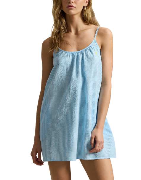 Polo Ralph Lauren seersucker sleep dress in light blue in white x baltic sea - view 1