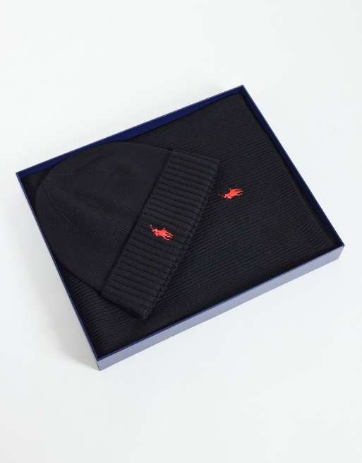 Polo Ralph Lauren set de bufanda y gorro con logo icono en negro, 3 de 3